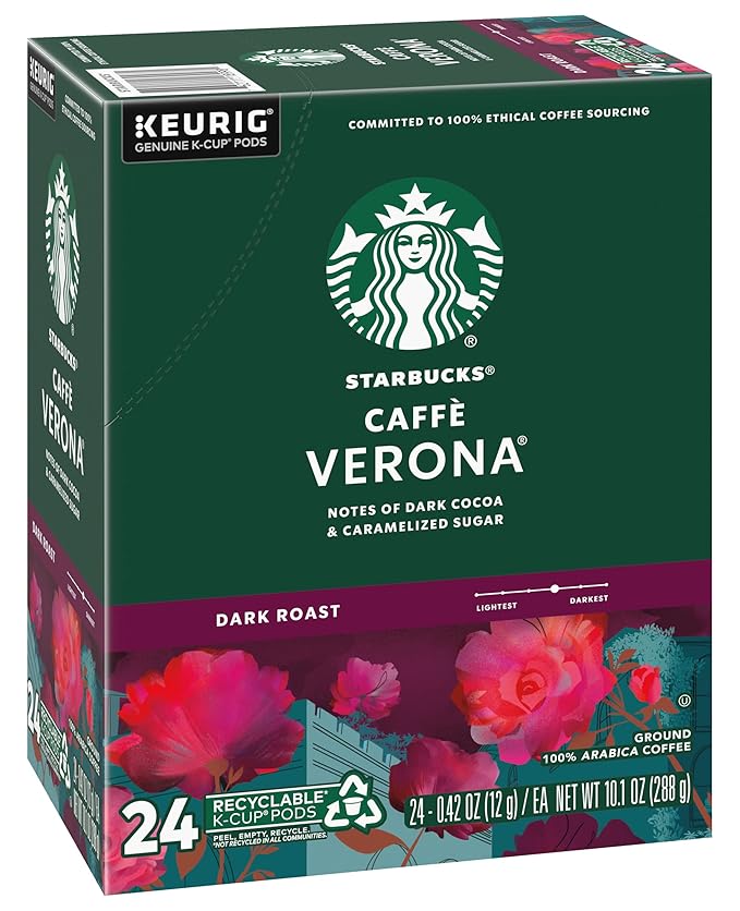 Starbucks Coffee K-Cup Pods, Caffè Verona, Dark Roast Coffee, Notes of Dark Cocoa & Caramelized Sugar, Keurig Genuine K-Cup Pods, 24 CT K-Cups/Box (Pack of 2 Boxes)