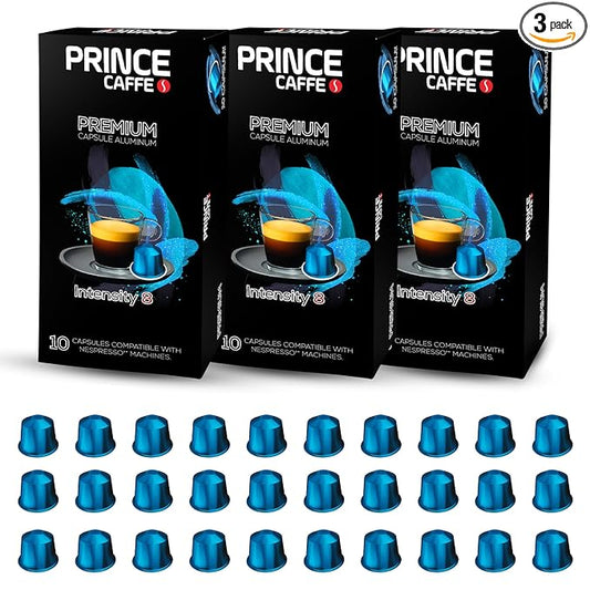 Prince Caffe Espresso Pods – Premium Intensity 8, Medium-Dark Roast, The Espresso Coffee Pods Are Compatible with Nespresso Original Line Machines, 30 Count (3 x 10 Capsules) Premium Quality Coffee Capsules.