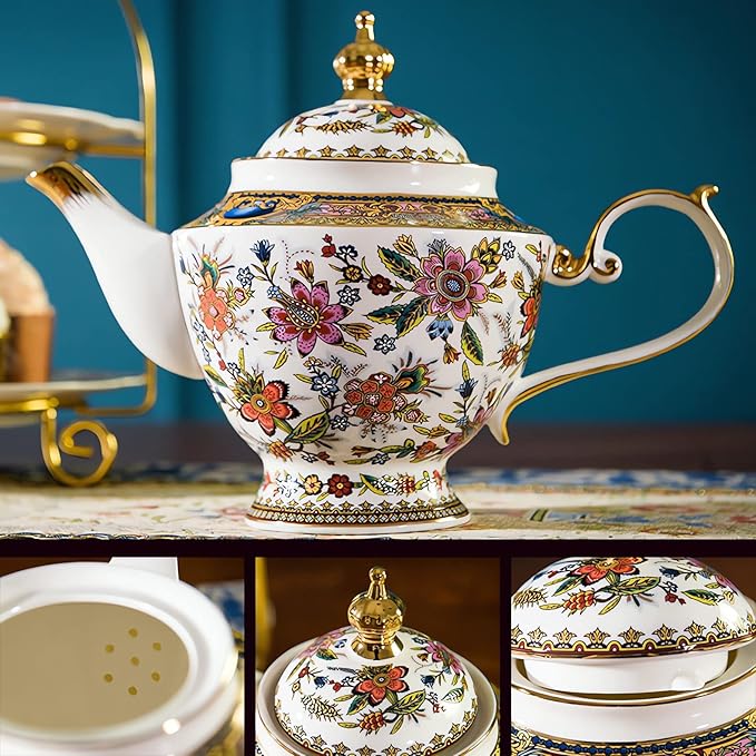 ACMLIFE Tea Set for Adults for 6, Blue and White Tea Set with Cups, Bone China Vintage Floral British English Tea Pot with Cups and Saucers for Women Party, Afternoon Service or Gift Giving (Pink)