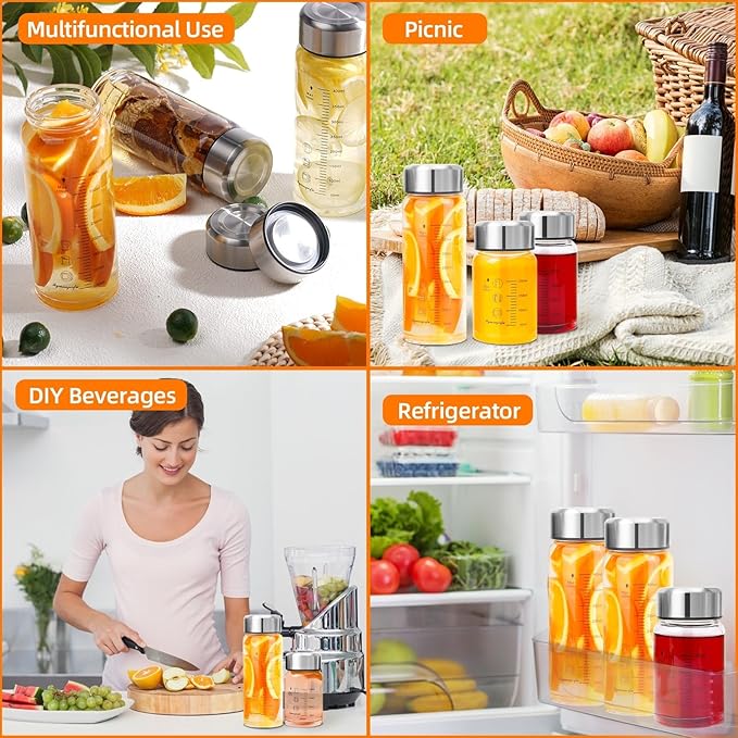 Glass Juice Bottles 10 oz - Wide Mouth Glass Water Bottles with Lids and Sleeve- for Juicing, Smoothies, Milk, Protein, Reusable, Stainless Steel Lids, Leak Proof, Shaker bottle (10oz/300ml)