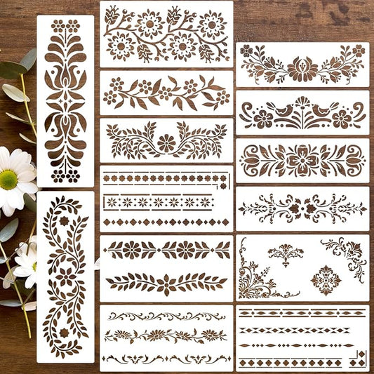 Talavera Stencils for Crafts Reusable Floral Stencils for Walls Mexican Flower Border Corner Drawing Stencil for Wood Furniture Wall Canvas Floor