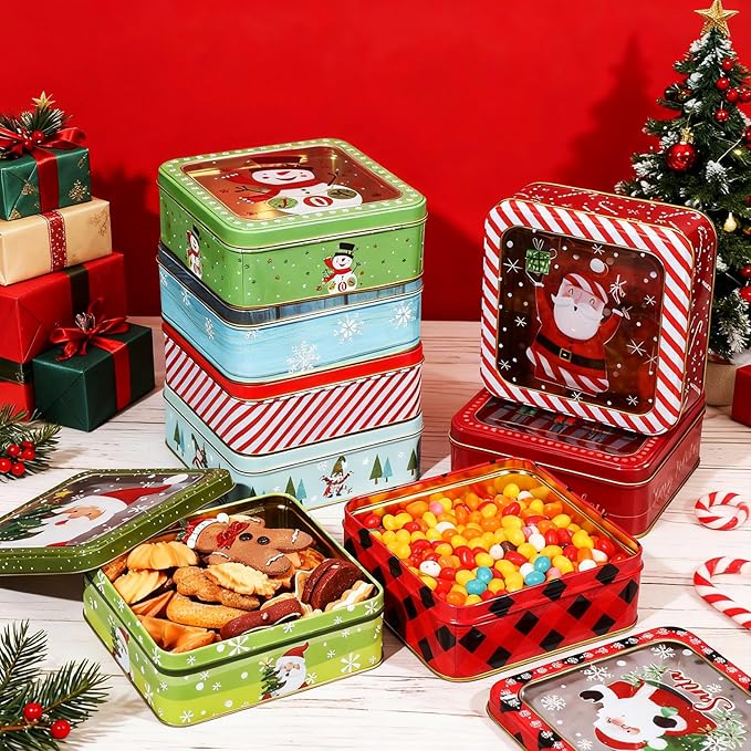 Tioncy 24 Pcs Christmas Cookie Tins with Lids Large Cookie Boxes Metal Empty Tins Santa Tinplate Xmas Gift Box for Christmas Holiday Candies Treats Storage Container (Vintage)
