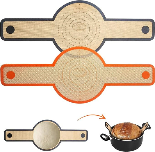 Silicone Bread Sling for Dutch Oven - 2 Pcs Non-Stick & Easy to Clean Reusable Silicone Bread Baking Mat Set with Extra Long Handles, Easy to Transfer Sourdough Bread, Gray, Orange