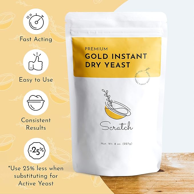 Scratch Gold Yeast - Instant Dry Yeast for a Rapid Rise - Add Straight to Dry Mix - Perfect for Making Bread, Bread Machines, Pizza Dough, Crusts & More - (Gold 8oz) (1 Packet)