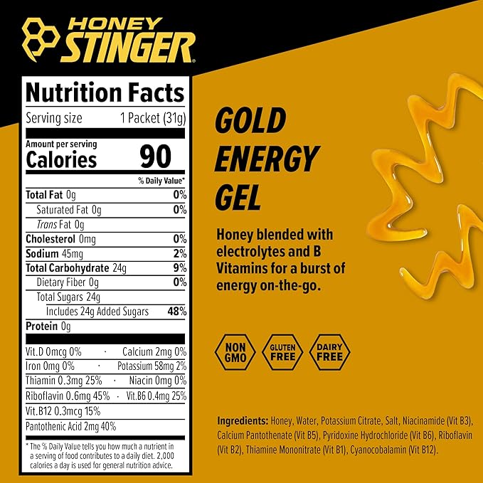 Honey Stinger Gold Energy Gel, Gluten Free & Caffeine Free, for Exercise, Running and Performance, Sports Nutrition for Home & Gym, Pre and Mid Workout, 12 Pack, 13.2 Ounce