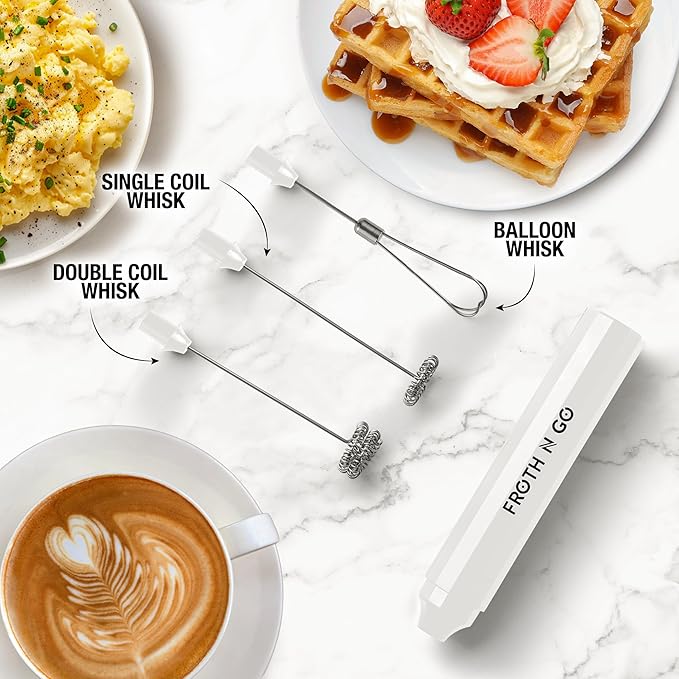 Zulay Kitchen FrothMate Powerful Milk Frother Portable & Compact Handheld Foam Maker Lattes, Cappuccinos (Blizzard White, Froth N Go)
