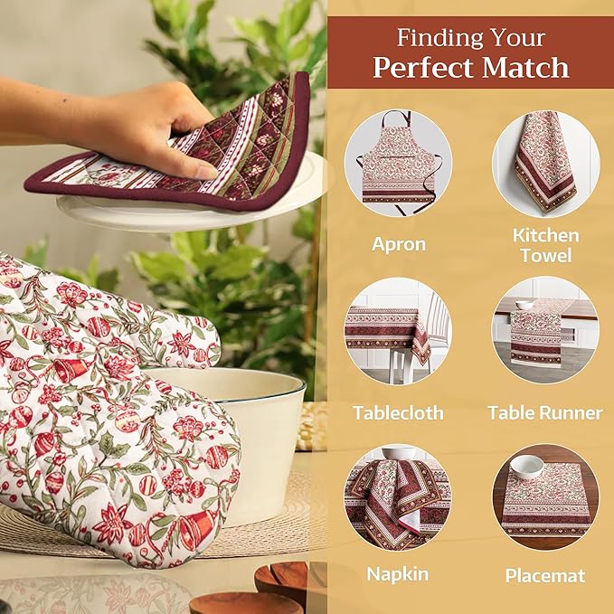 Maison d' Hermine Pot Holders Set 100% Cotton Heat Resistant Potholders 8" x 8" Hot Pads with Loop BBQ, Cooking, Baking, Grilling, Kitchen, Handling Hot Pans (Pack of 2, Reveillon Au Jardin)