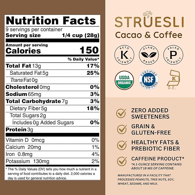 Struesli Cacao + Coffee Organic Granola, Grain & Gluten Free, Healthy Snacks with Cacao, Coffee, Tiger Nuts, Pecans, Walnuts, Hemp Hearts & Coconut Flakes, Plant Based, Keto & Paleo, 9 Oz, 2 Pack