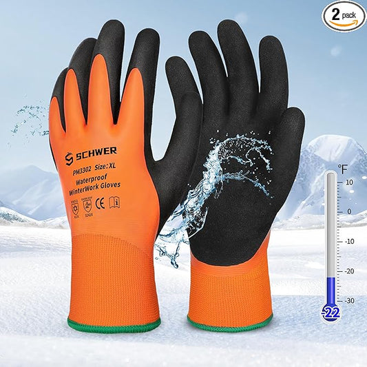 Schwer 2 Pairs FreezeGuard Winter Work Gloves, ANSI A2 Cut Resistant Freezer Gloves for Outdoor Cold Weather Keep Hands Warm, Waterproof Gloves for Shoveling Snow, Ice Fishing, XL