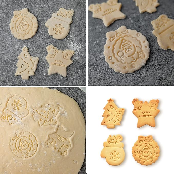 Cookie Stamps Set of 4, Cookie Press Mold, Decorating Supplies for DIY Baking, Cake, Pastry, Easy to Use- Christmas Series