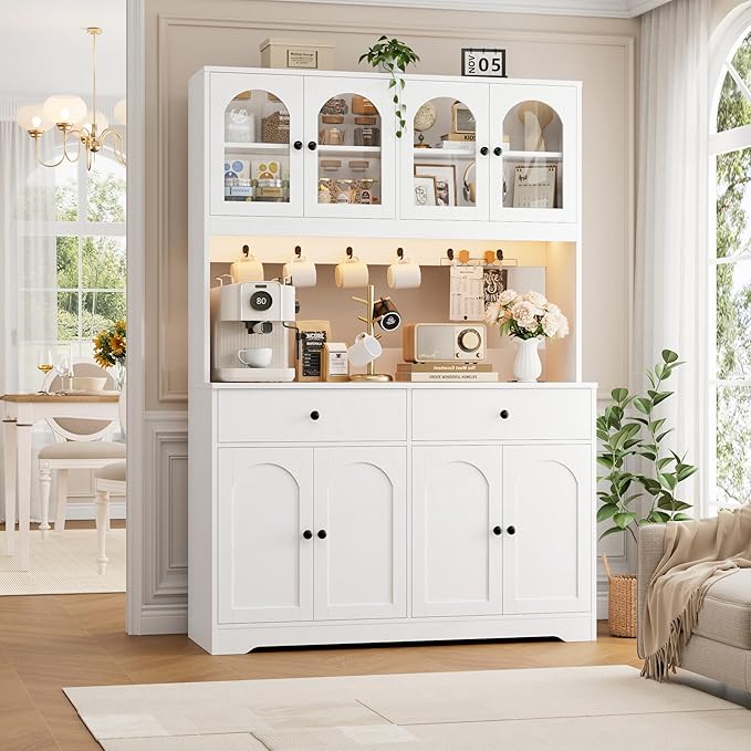 HIFIT 71" LED Kitchen Pantry Cabinet with Power Outlet, Large Kitchen Hutch Storage Cabinet with Arched Door & Shelves & 2 Drawers, Tall Modern Coffee Bar with Hutch for Home Dining Living Room, White