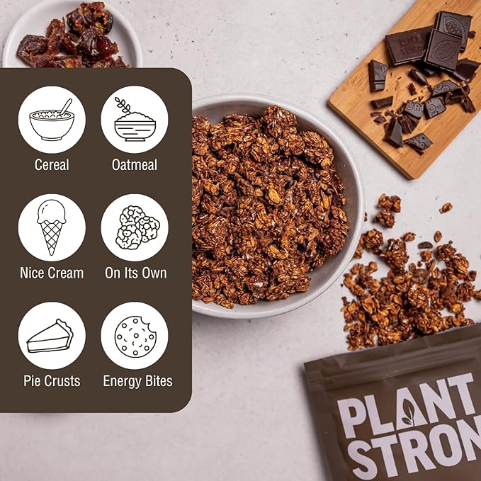 PLANTSTRONG Dark Chocolate Granola Snack Mix - Whole Grain, Naturally Sweetened With Fruit, Plant Based, Oil Free - Pack of 4 x 9oz Bags