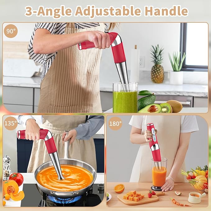 Cordless Immersion Blender Handheld: Powerful Rechargeable Electric Hand Blender, 21-Speed & 3-Angle Adjustable with Stainless Steel Blades for Milkshakes, Smoothies, Soup, Puree, Baby Food (Red)