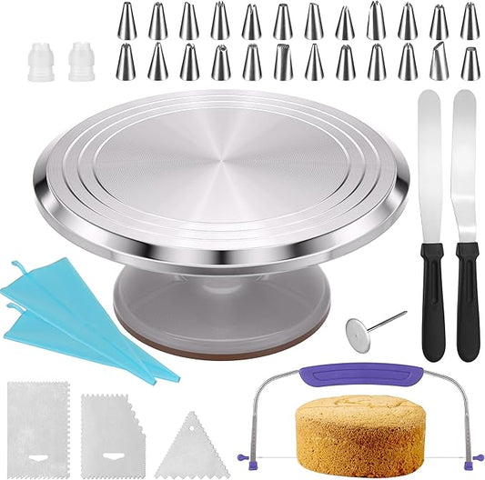 12 Inch Round Aluminum Revolving Cake Decorating Stand,35 pcs Cake Turntable Kit Supplies, Rotating Cake Stand,for Cake,Pastries and Cake Decorations