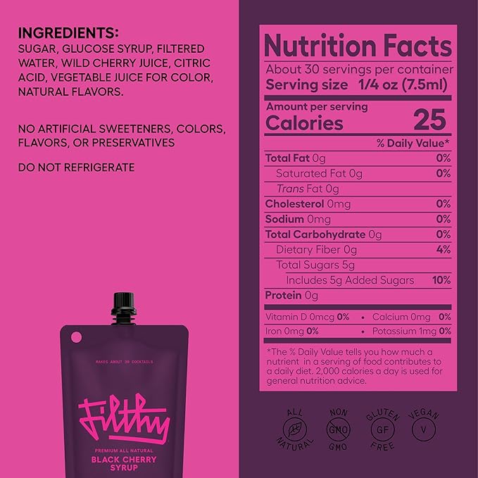 Filthy Black Cherry Syrup, Cocktail Mixer, Black Cherry Syrup, Non-GMO, Gluten Free, Vegan, Made from All Natural Wild Italian Amarena Cherries, 8 Oz Pouch, 3 Pack