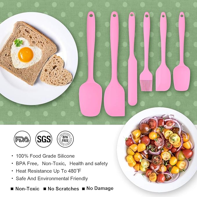 Heat Resistant Silicone Spatulas Set Food Grade Silicone Seamless One Piece Design BPA-Free,Non-Stick,Dishwasher Safe,Cooking and Mixing Set of 6PCS-pink(pink)
