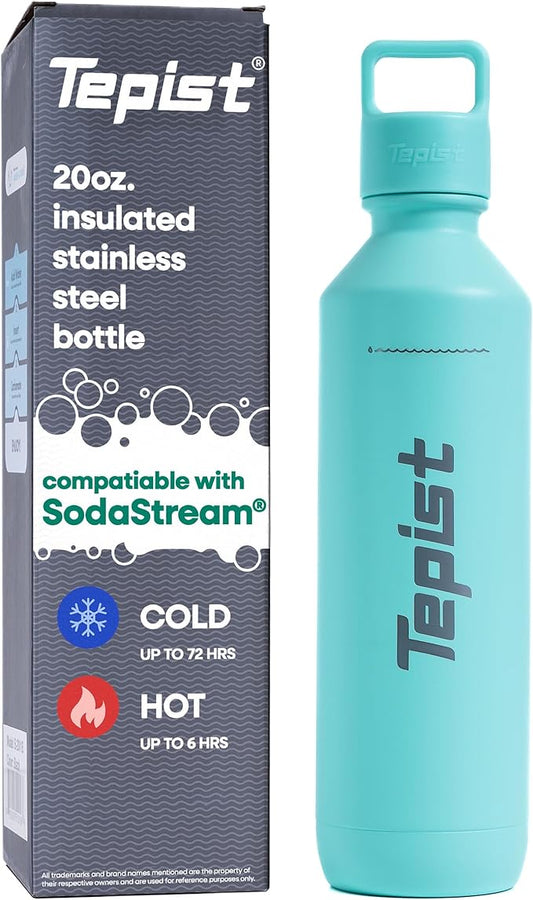 TwentyO 20oz Stainless Steel Bottle Compatible with Sodastream Machines | Powder Coated Teal | Vacuum Sealed | Double Walled | Leak-Proof | Easy to Carry | Reusable Bottle