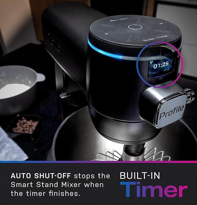 GE Profile Smart Stand Mixer w/Built-In Smart Scale & Auto Sense Technology, 7qt Stainless Steel Bowl, 11 Speed l Dough Hook, Beater, 11-wire whip l works w/Amazon Alexa & Google Home l Stone White