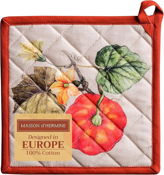 Maison d' Hermine Pot Holders 100% Cotton Heat Resistant Potholders 8" x 8" Hot Pads with Loop BBQ, Cooking, Baking, Grilling, Kitchen, Handling Hot Pans (Pack of 1, Potiron)