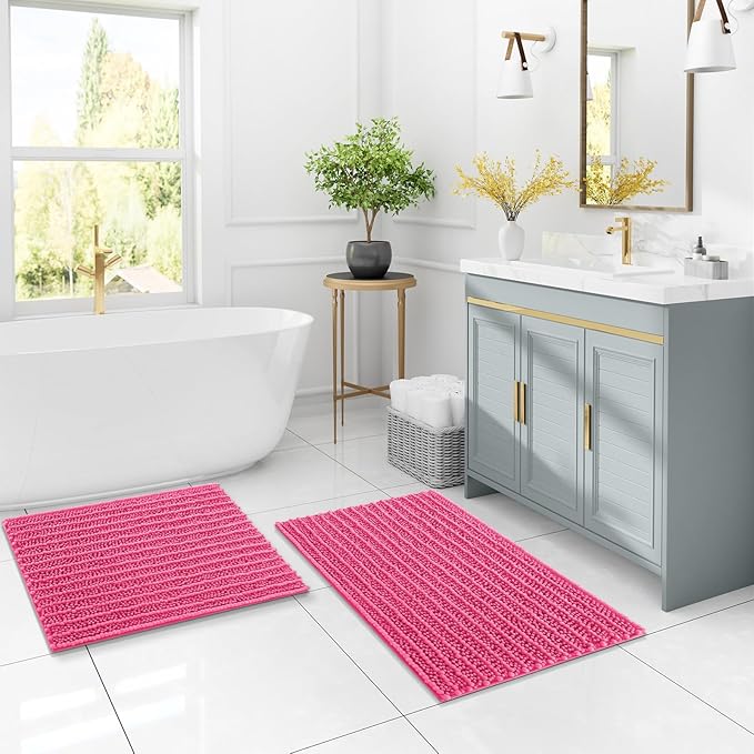 Arotive Luxury Chenille Bathroom Rug Mat, Extra Soft Thick Absorbent Shaggy Bath Rugs, Non-Slip Machine Wash Dry, Plush Bath Mats for Bathroom, Shower and Tub, 30x20, Deep Pink