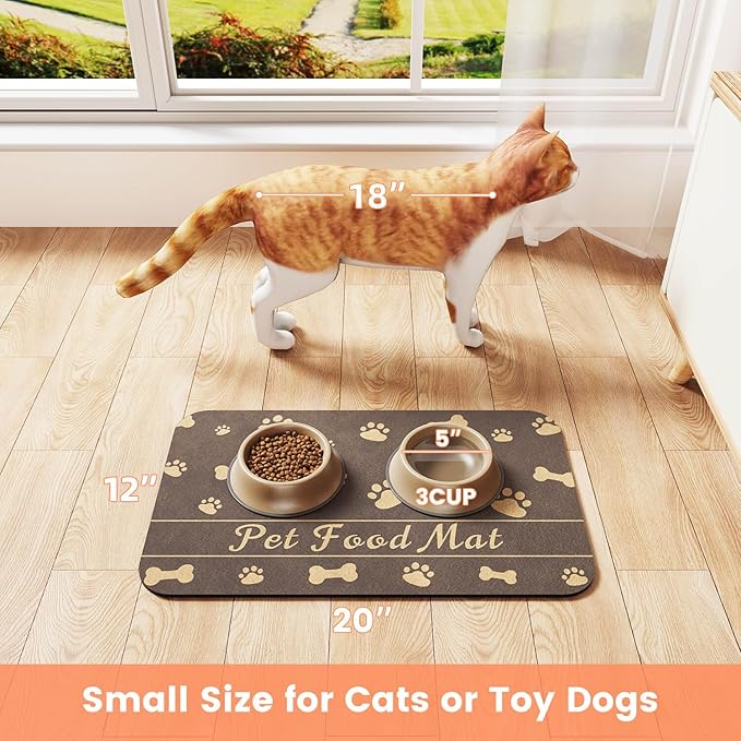 Pet Feeding Mat-Absorbent Pet Placemat for Food and Water Bowl, with Waterproof Rubber Backing, Quick Dry Water Dispenser Mat for Dog and Cat (12"x20", Brown)