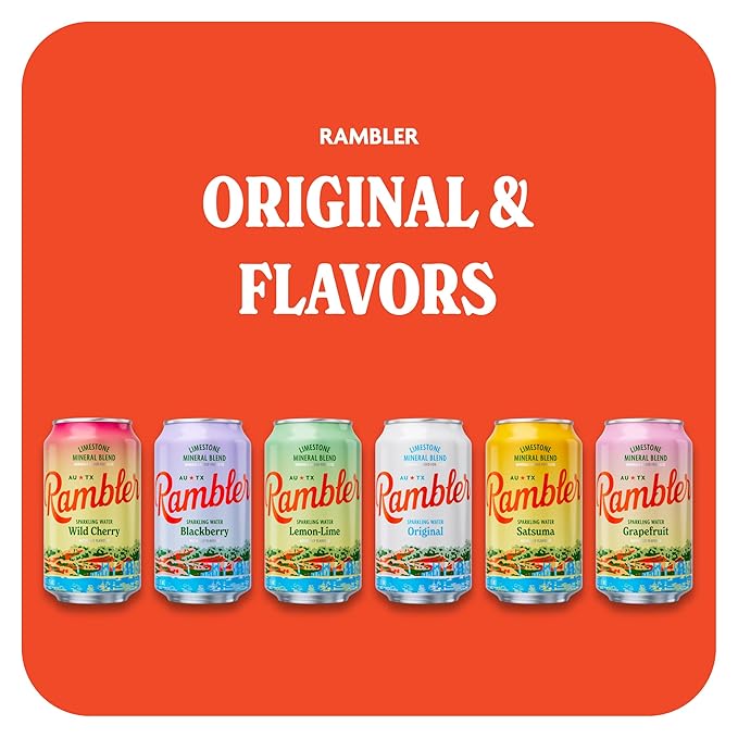 AUTX RAMBLER Sparkling Water, Texas Limestone Mineral Blend, Satsuma Flavor, 12-Ounce Cans, Three 8-Packs (24 Cans)