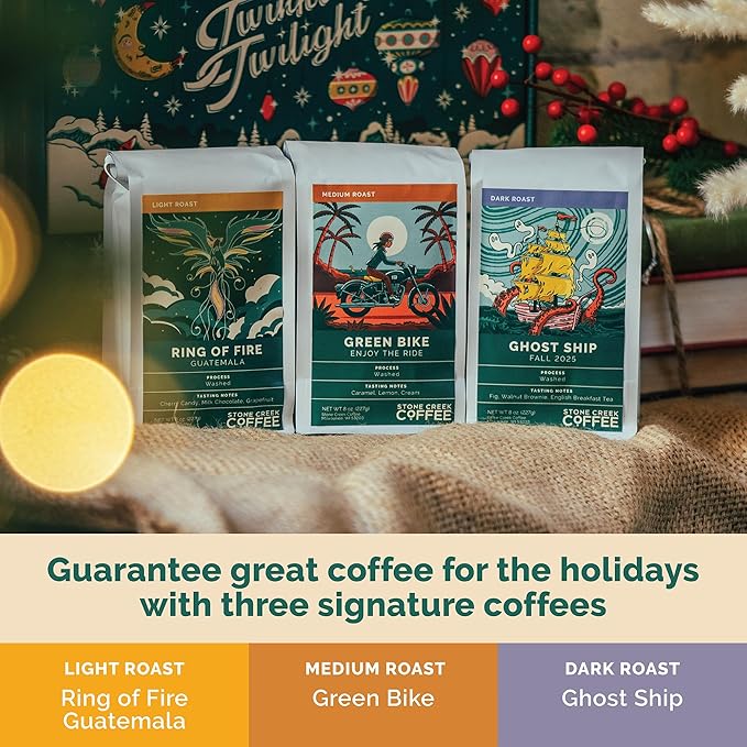 Stone Creek Coffee Twinkling Twilight Box (Dark, Medium, and Light Roast, 8 Oz) – Whole Bean Coffee Sampler, Holiday Limited-Edition Gift Set, Juicy, Balanced and Bold Roasted Coffee Beans