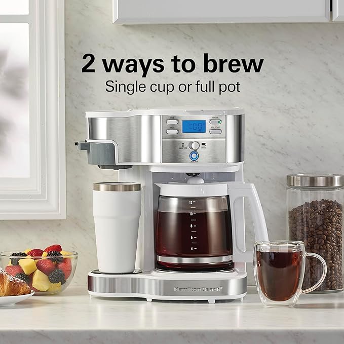 Hamilton Beach 49933 2-Way 12 Cup Programmable Drip Coffee Maker & Single Serve Machine, Glass Carafe, Auto Pause and Pour, White