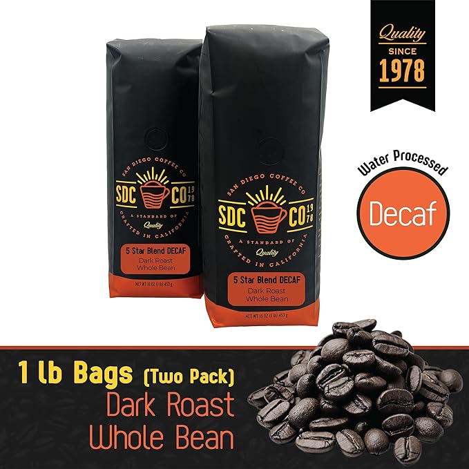 San Diego Coffee 5 Star Blend DECAF, Dark Roast, Whole Bean Coffee, 16-Ounce Bags (Pack of 2) Café en grano tostado descafeinado