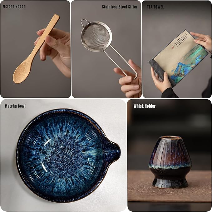 Matcha Whisk Set with Ceramic Bowl - Bamboo Whisk (Chasen), Scoop, Sifter & Holder - Complete Kit for Traditional Matcha Tea - Unique Gifts for Women, Men, Tea Lovers (Luminous-Auric-Sands)