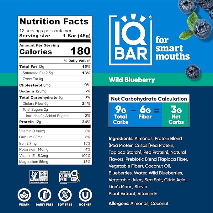 IQBAR Brain and Body Plant Protein Bars - Wild Blueberry - 12-Count - Keto, Vegan, Low Carb, High Fiber, Gluten Free, Dairy Free, Low Sugar Snack with Nutrients for Focus, Energy, Meal Replacement