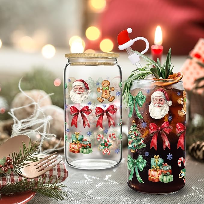 Santa Claus Glass, 16 Oz Winter Iced Coffee Glass with Straw and Lid, Perfect for Christmas and Holiday Celebration Decorations (One)