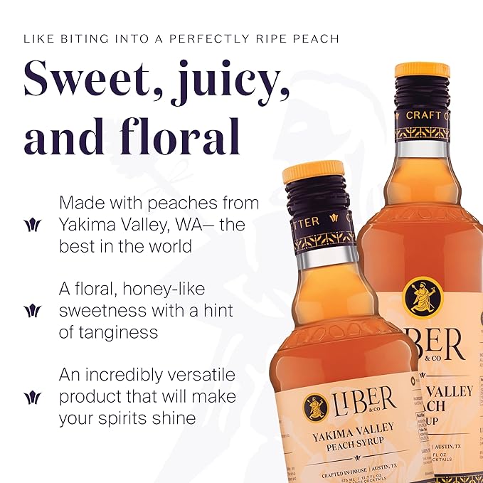 Liber & Co. Peach Syrup - Craft Cocktail Mixer with 60% Peach Juice from Yakima Valley Peaches - Essential for Bellinis, Whiskey Smashes & Bourbon Cocktails - Makes 50 Drinks (25.4 oz)