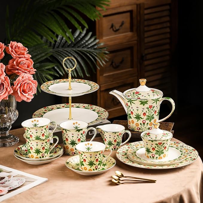 ACMLIFE Tea Set for Adults- Fine China Tea Set for 6, 21-Piece Vintage Coffee Set English Porcelain Tea Pot Sets for Adult Tea Party for Women Gift (Yellow ZF, Extra Large 21)