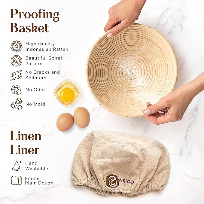 Complete Sourdough Supplies with 9" Round Banneton Proofing Basket and 24oz Starter Jar - Beginner-Friendly Sourdough Bread Kit and Baking Gifts for Women, Men, and Bread Bakers