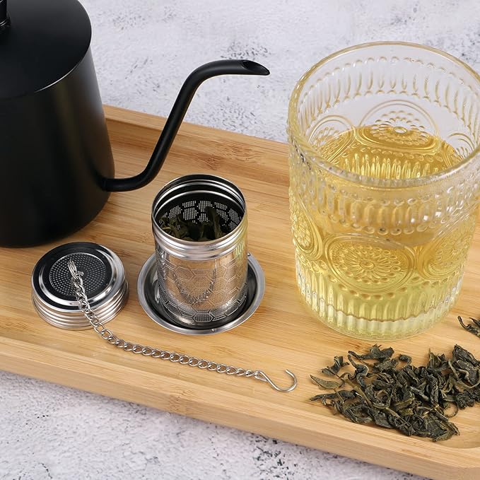 2 Pack Tea Strainers Infuser for Loose Tea 304 Stainless Steel Mesh Loose Leaf Steeper Diffuser with Chain Hook and Threaded Lid for Black Tea, Spices and Seasonings