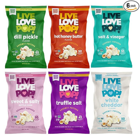 Live Love Pop Variety Pack Flavored Gourmet Popcorn (Pack of 6), Healthy Snack, Gluten Free, Vegan & Non-GMO, Mission Driven Munchies