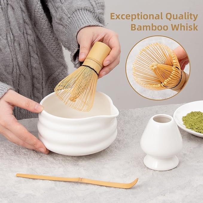 5pcs Premium Matcha Set,Ceramic Bowl with Spout and Bamboo Whisk set, Ceremonical Matcha Kit for breakfast/latte,Tea Starter Making Kit,Unique Matcha Gift set (white)