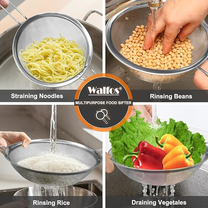 Walfos 8 Inch Fine Mesh Strainer, Premium Stainless Steel Colanders and Sifters, with Reinforced Frame and Sturdy Handle, Perfect for Sift, Strain, Drain and Rinse Vegetables, Pastas and Tea