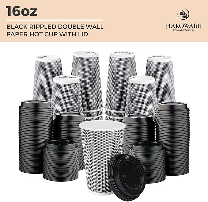 [340 SET]Harvest Pack 16 oz Disposable Coffee Cups, Insulated Ripple Double-Walled Paper Cups with Lids, Black and White Geometric, Bulk Drinking Cups for Tea Hot Chocolate Drinks To go coffee cups