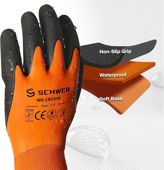 Schwer 2 Pairs Waterproof Work Gloves for Men and Women CR3306, Gardening Gloves with Double Latex Coated, Non-slip Working Gloves for Garden, Outdoor Construction, Car and Fish Cleaning, L