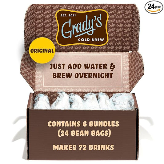 GRADY’S COLD BREW, New Orleans Style, 100% Arabica Ground Coffee & Chicory Pouches, SIX Bundles of 4 Easy-to-Brew Bean Bags, Makes 72 drinks
