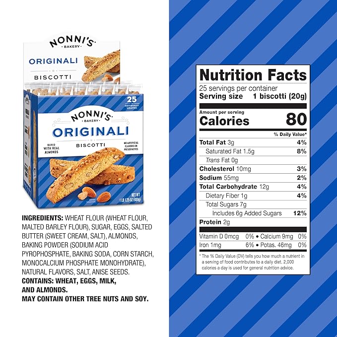 Nonni's Originali Classic Almond Biscotti Cookies – Individually Wrapped Italian Coffee Snack, Crunchy Twice-Baked, 80 Cal Each, 17.25 oz Carton, 4 Pack