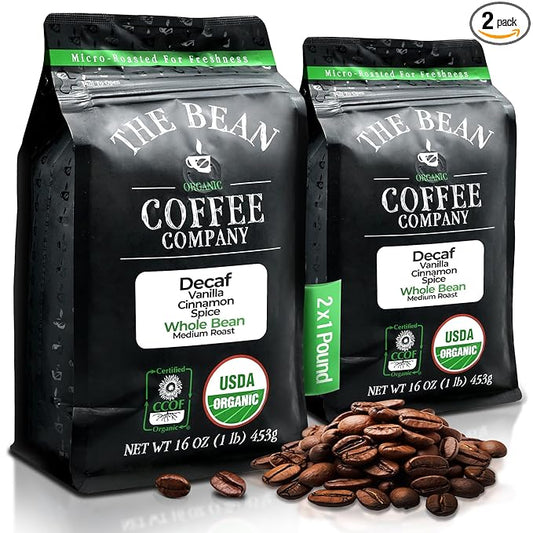 The Bean Organic Coffee Company Water Processed DECAF Vanilla Cinnamon Spice, Medium Roast, Whole Bean Coffee, 16-Ounce Bags (Pack of 2)