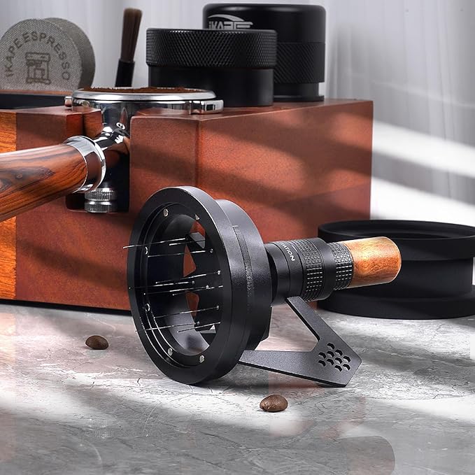 IKAPE Mantis WDT Distribution Tool, V3-54mm Espresso Stirrer Distribution Tool for Barista - 8 Needle Espresso Stirrer with Dosing Funnel & Stand, Adjustable Needle Height, Walnut Handle