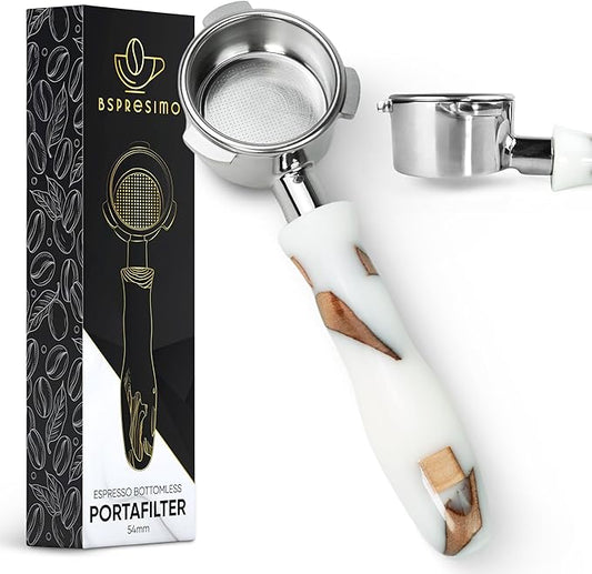 54mm Bottomless Portafilter Modern Handle – Includes Stainless Steel Naked Basket – Fits Breville Barista Express & 54mm Breville Espresso Machines - Espresso Machine Accessories – White
