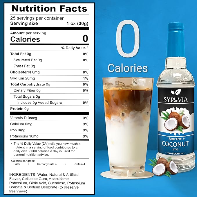 Syruvia Sugar Free Coffee Syrup, Coconut Flavored Syrup for Drinks, Lattes, and Desserts – 25.4 fl oz