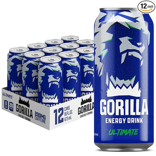 Gorilla Energy Original Energy Drink, Zero Sugar & 200mg Natural Caffeine, L-Theanine, Taurine, Ginseng, Acetyl L-Carnitine, B Vitamins, Sugar Free, and No Artificial Colors, 16 oz Cans, 12 Pack