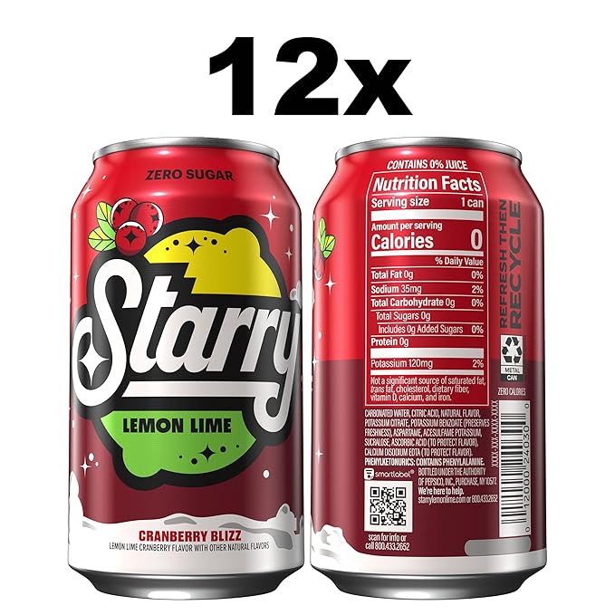 Starry Zero Sugar Cranberry Blizz Soda, Caffeine Free, 12 Fl Oz Cans (Pack of 12)