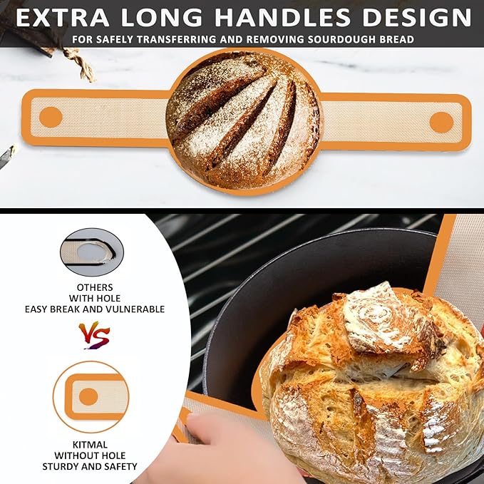 Silicone Bread Sling Oval and Round for Dutch Oven, KITMAL Non Stick Reusable Silicone Baking Mat with Long Handles Sourdough Bread Baking Supplies and Making Tools, Orange